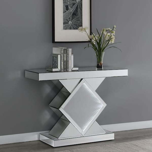 Coaster Andorra Silver 47.25 in. Mirror Specialty Shape Glass Top Console Table with LED Lighting