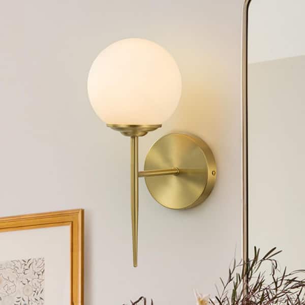 5.4 in. 1-Light Brushed Gold Wall Sconce with White Opal Glass Globe Shade