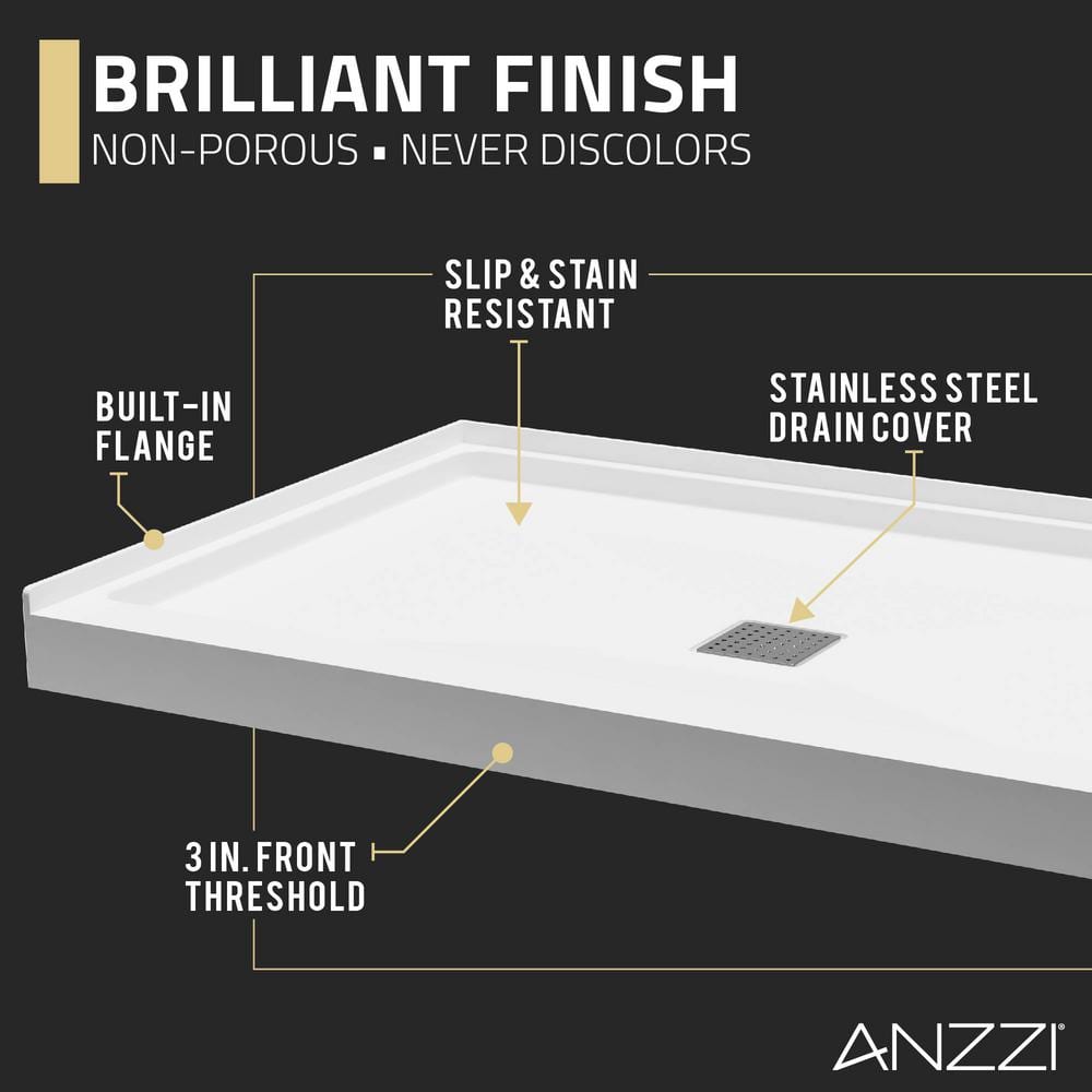 Glossy White Acrylic Rectangular Shower Base with Center Drain