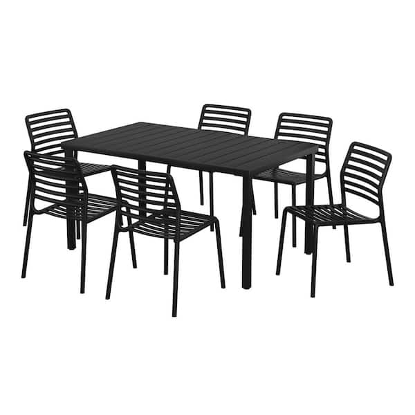 Frond and Form Outdoor Patio Modern 7-Piece Rectangular Steel Table, 6 Stackable HDPE Plastic Chairs Dining Set, Black