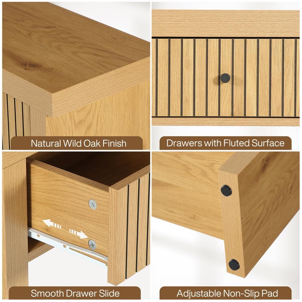 Oak Light Brown 70.9" Console Table with Drawers and Shelves