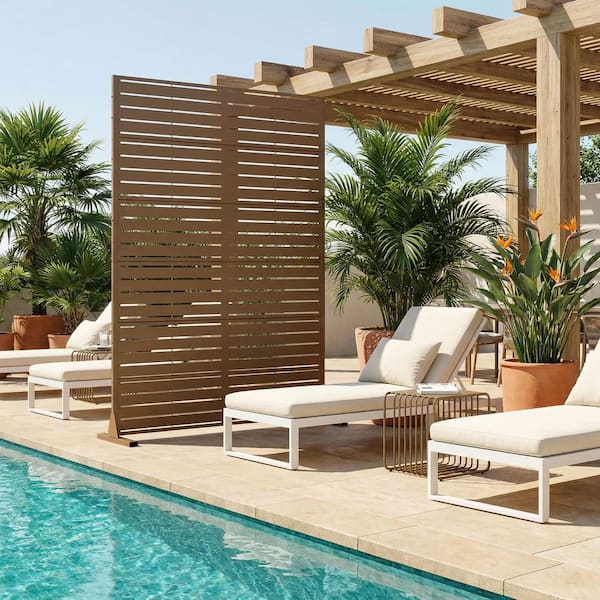 1-Piece 72 in. x 47 in. Rectangle Freestanding Brown Privacy Screen, Outdoor Metal Decorative Art Panel for Patio