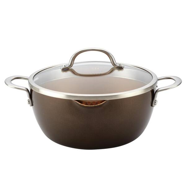 Ayesha Curry Home Collection 5.5 Qt. Porcelain Enamel Nonstick Covered Straining Casserole in Brown Sugar