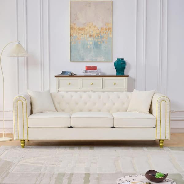 Noble House Warwick 86 in. W Rolled Arm Velvet Tufted 3-Seater