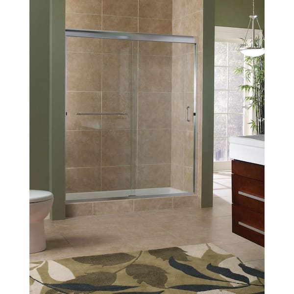 Foremost Marina 48 in. x 76 in. H Semi-Framed Sliding Shower Door in Brushed Nickel with 3/8 in. Clear Glass