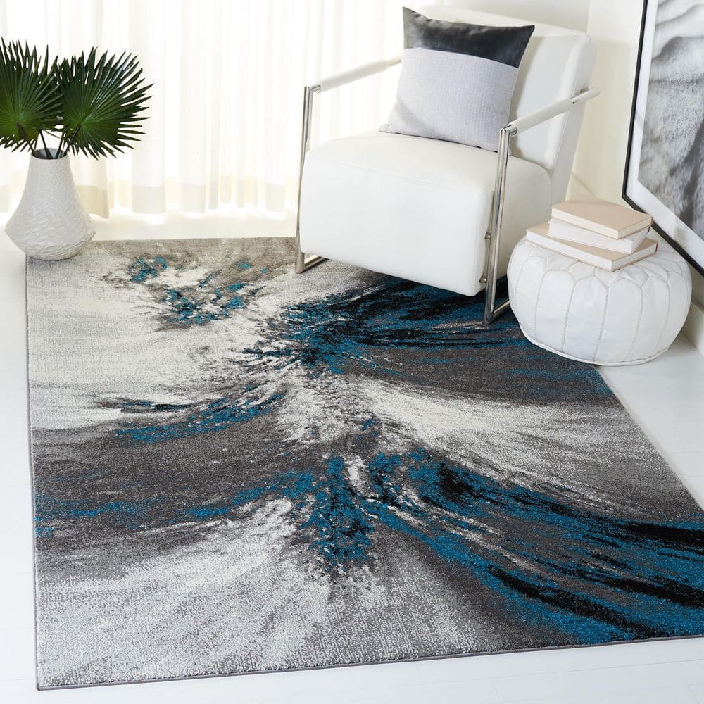 Abstract Blue and Grey Square Synthetic Area Rug
