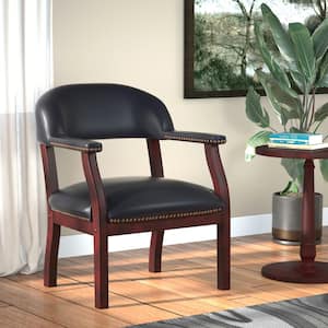 Traditional Mahogany Wood Finish Captain's Chair - Black Vinyl Cushions with Brass Nail Heads