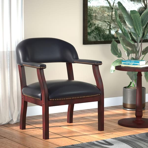 BOSS Office Products Traditional Mahogany Wood Finish Captain's Chair - Black Vinyl Cushions with Brass Nail Heads