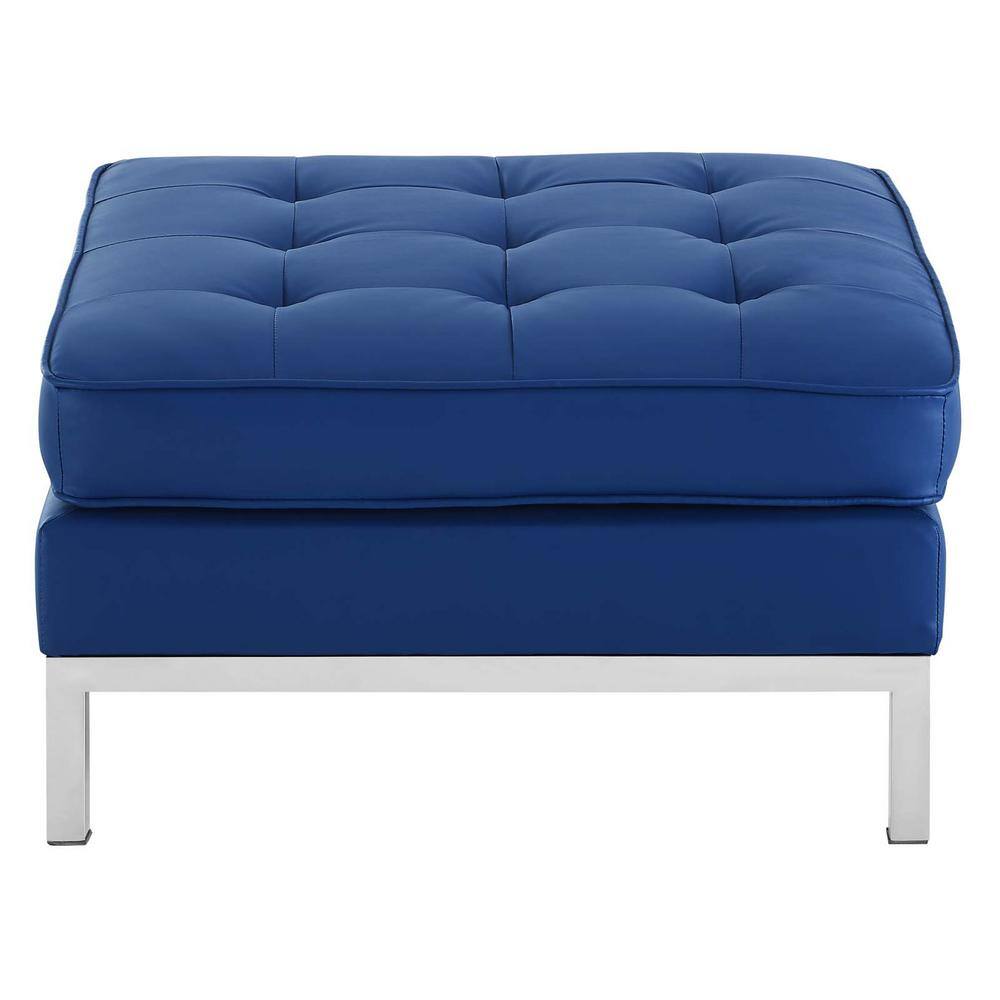 Silver Navy Tufted Faux Leather Ottoman with Stainless Steel Legs
