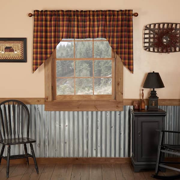 Heritage Farms Primitive Check 36 in. L Cotton Swag Valance in Burgundy Mustard Black Pair
