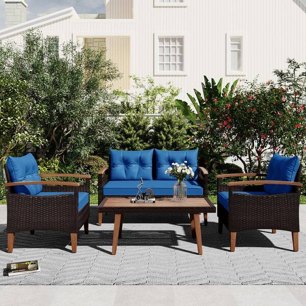 HOTEBIKE 4-Pieces PE Rattan Wicker Outdoor Patio Conversation Sofa Sets, Wood Table and Legs, Brown and Blue Cushion