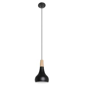Sabinar 7 in. W x 7.87 in. H 1-Light Structured Black Pendant Light with White Interior Metal Shade and Wooden Cap