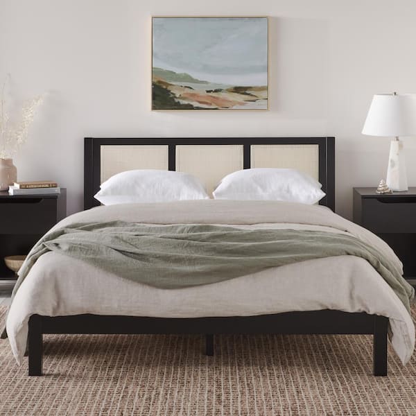 Walker Edison Furniture Company Modern Black Wood Frame Queen Platform Bed with Wood and Rattan Panel Headboard