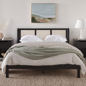 Modern Black Wood Frame Queen Platform Bed with Wood and Rattan Panel Headboard