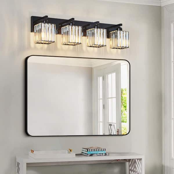 Home Lighting 28.34 in. 4-Light PlatingBlack Modern Crystal Vanity Lights Wall Sconces For Bathroom（JW-002)