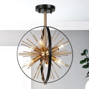 Modern Sputnik Ceiling Light 6-Light Black and Brass Globe Semi-Flush Mount Light for Bedroom