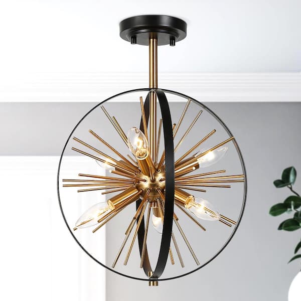 Modern Sputnik Ceiling Light 6-Light Black and Brass Globe Semi-Flush Mount Light for Bedroom