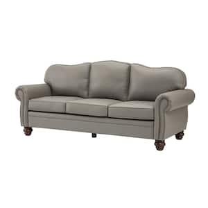 Macimo 81 in. Rolled Arm Genuine Leather Rectangle Transitional 3-Seater Sofa in Grey