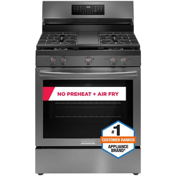 Frigidaire Gallery 30 in. 5 Burner Freestanding Gas Range in Black Stainless Steel with True Convection and Air Fry