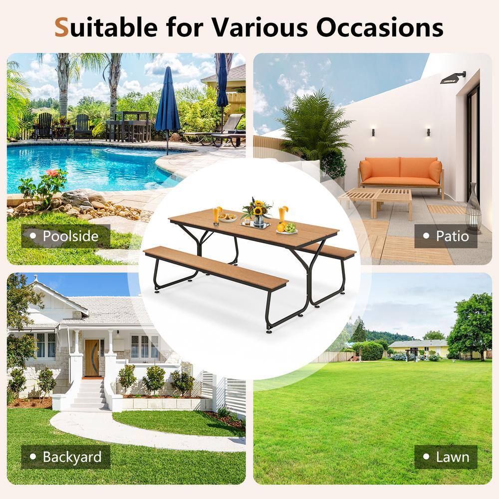 6FT Brown HDPE and Metal Outdoor Picnic Table Bench Set