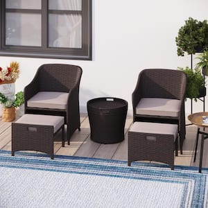 Black Frame 5-Piece Outdoor Dark Brown Wicker Conversation Set with Beige Cushions