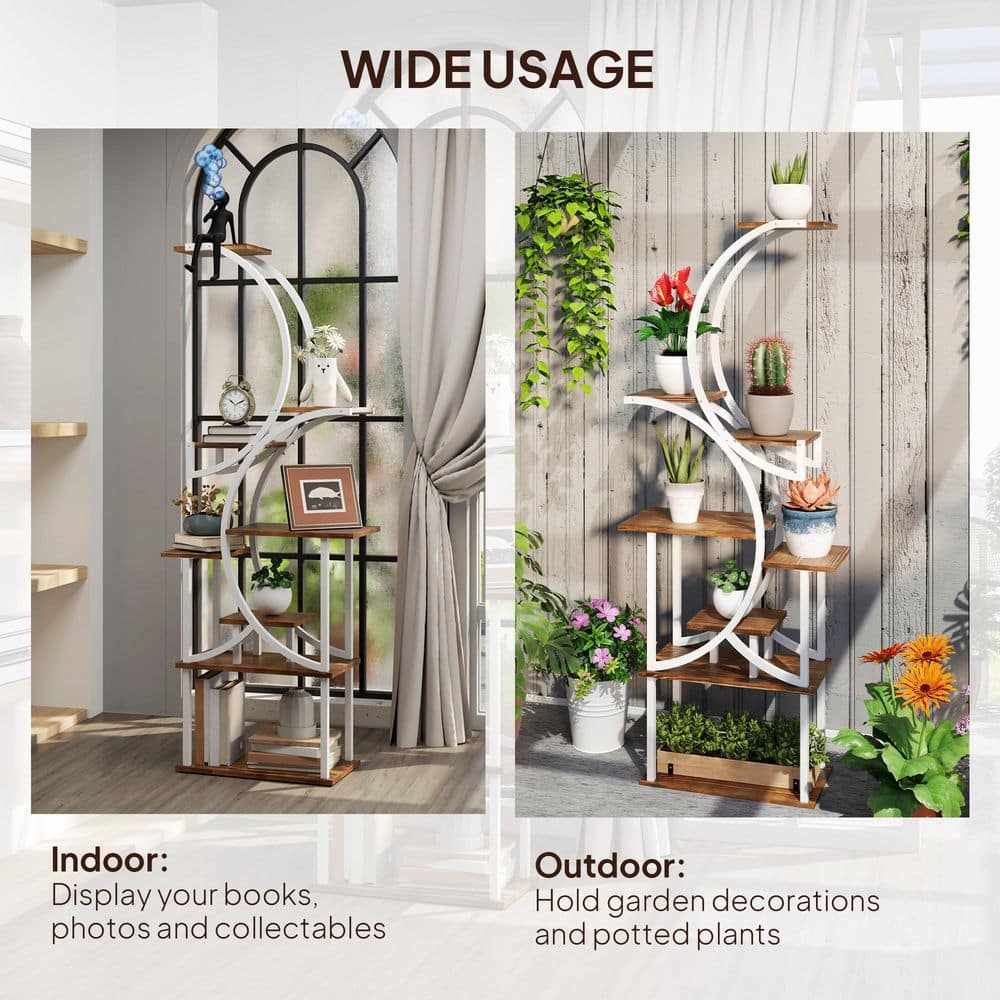 Carbonized Finish White Steel and Fir Wood 8-Tier S-Shaped Plant Stand