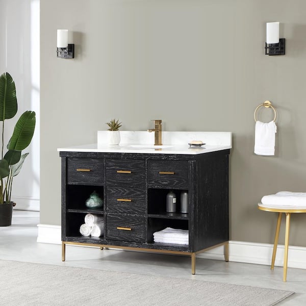 Kesia 48 in. W x 22 in. D x 34 in. H Bath Vanity in Black Oak with Carrara White Composite Stone Top