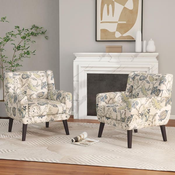 Mid-Century Modern Multicolor Leaf Pattern Linen Accent Armchair set of 2