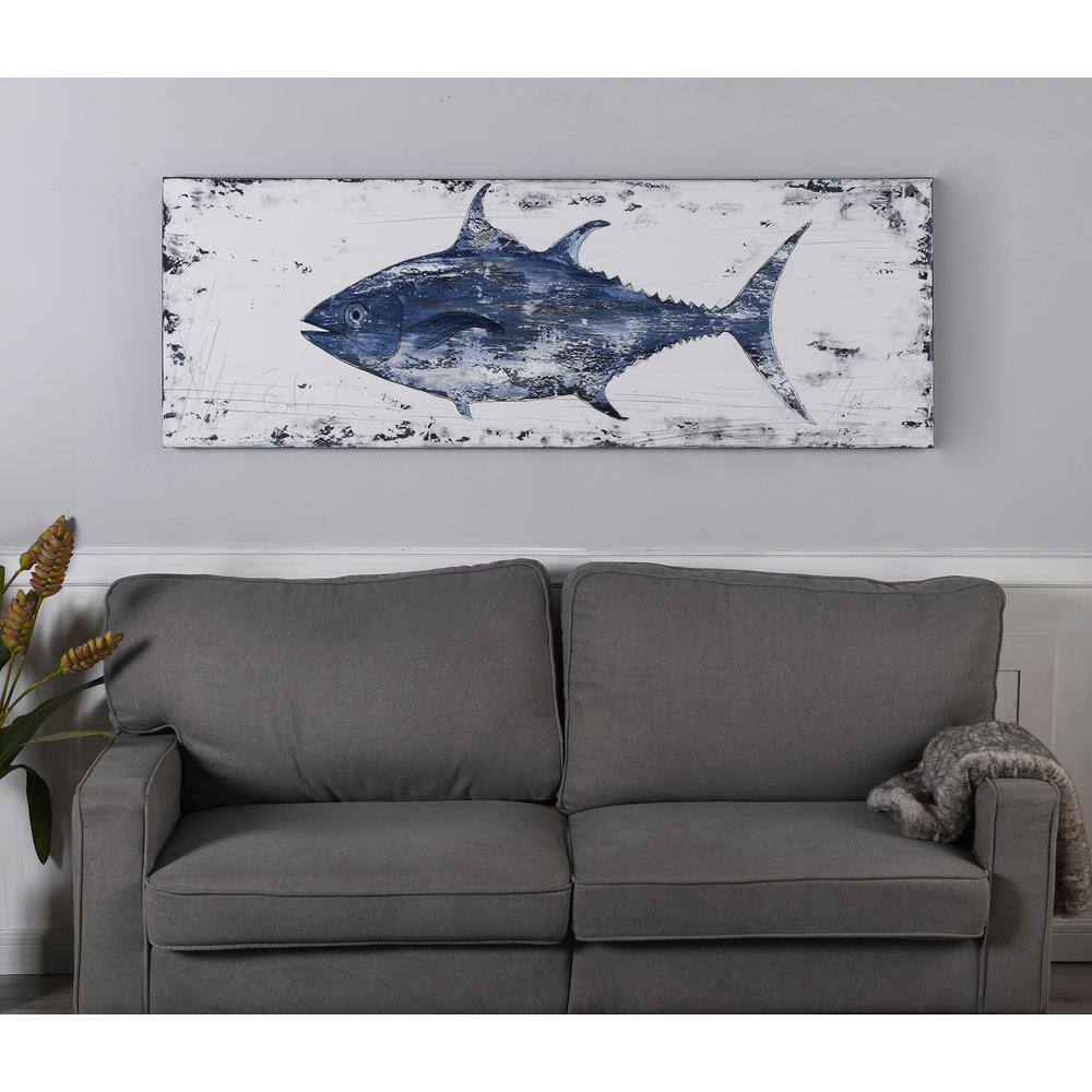 Anglo Rustic Coastal Blue and White Tuna Oil Painting on Canvas
