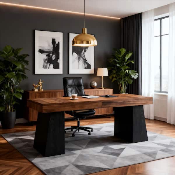 55.1 in. Brown and Black Rectangle Wood Executive Desk, Large Modern Farmhouse Computer Desk for Home Office, Office