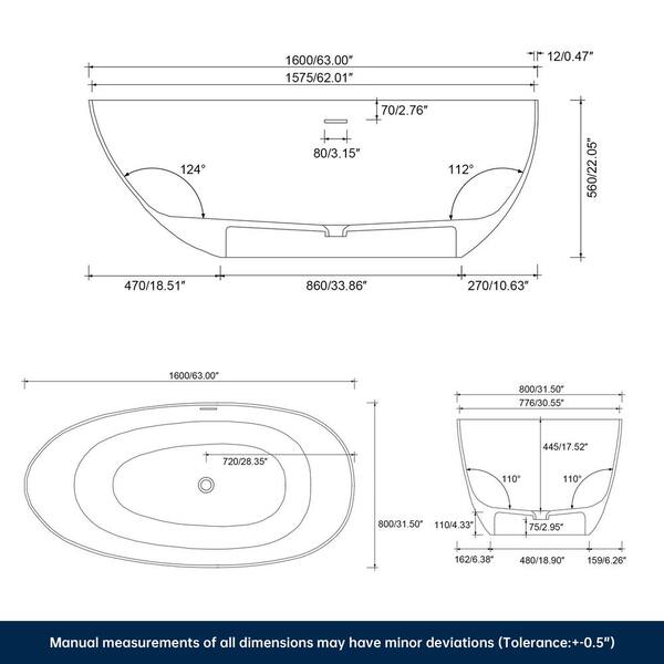 Luna 63 in. x 31.5 in. Stone Resin Solid Surface Flatbottom Freestanding Soaking Bathtub in Gloss White