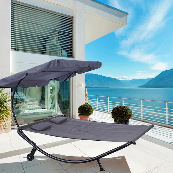 Nestfair Gray Steel Double Outdoor Chaise Lounge Bed with Adjustable Canopy and Headrest Pillow