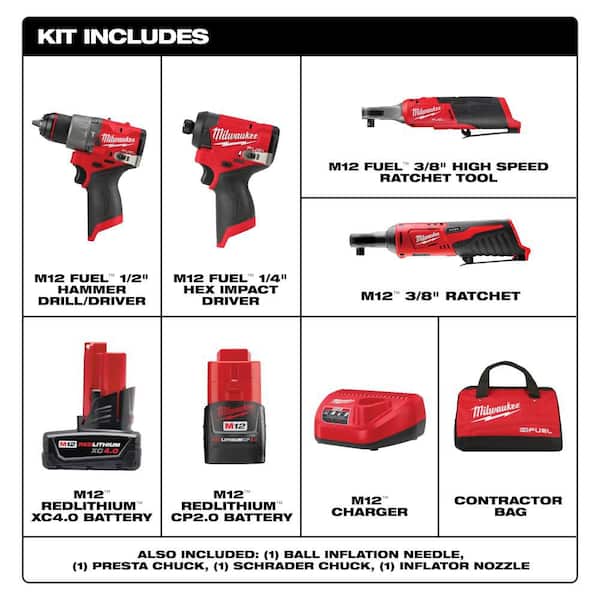 M12 FUEL 12-Volt Li-Ion Brushless Cordless Hammer Drill & Impact Driver Combo Kit w/2 Batteries, 3/8 Ratchet (4-Tool)