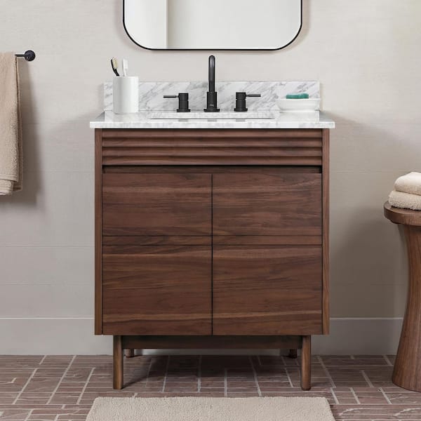 Carina 31 in. Single Sink Coffee Teak Bath Vanity with Carrara White Marble Top