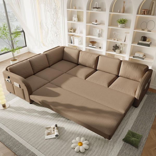 Convertible Left/Right Facing 115.2 in. Teddy Fabric Sectional King Size Sofa Bed in Brown with Side Pockets, USB Ports