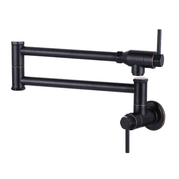 Wall Mount Pot Filler Kitchen Folding Faucet Double-Handle with Dual Joint Swing Arm in Oil Rubbed Bronze