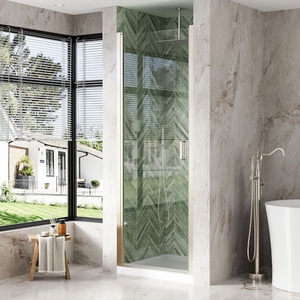 30 in. W x 72 in. H Pivot Semi-Frameless Shower Door in Brushed Nickel Finish with Clear Glass