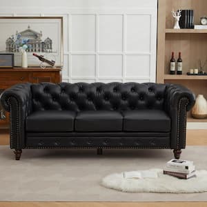 84 in. Leather Chesterfield Sofas 3-Seater Round Arm Sofa Button Rectangle Nailhead Tufted Couch for Living Room,Black