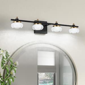 28 in. 4 Light Black and Gold LED Vanity Light Bar with Clear Acrylic Shade