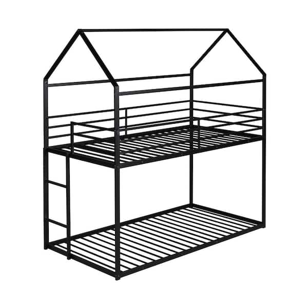 Black Twin over Twin Metal Frame Ladder Bunk Beds with Ladder for Kids