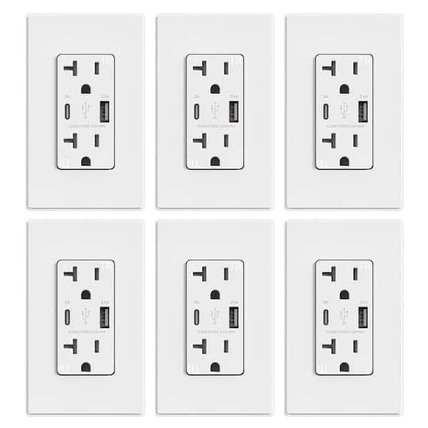 6Pcs White 20 Amp Tamper Resistant Wall Outlet with USB Ports, 21W USB Outlets Receptacles with Type A and Type C Ports