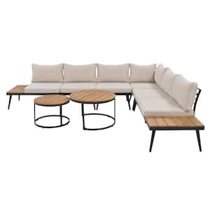 Brown 6-Piece Wood Outdoor Sectional Set with Round Nesting Coffee Tables and Beige Cushions