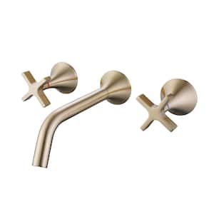 2-Handle Wall Mount Bathroom Faucet with Cross Handles in Brushed Gold
