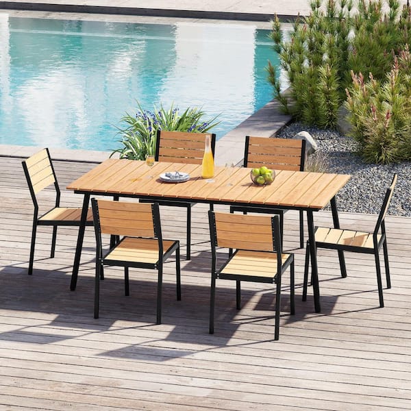 Crestlive Products Brown 7-Piece Aluminum Rectangular Table Outdoor Dining Set with Umbrella Hole