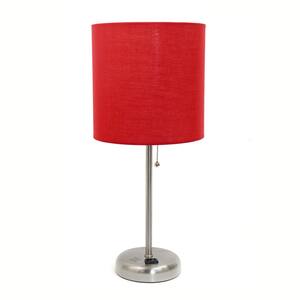 19.5 in. Stick Lamp with Charging Outlet and Red Fabric Shade