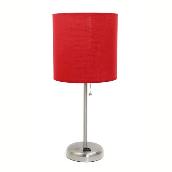 Simple Designs 19.5 in. Stick Lamp with Charging Outlet and Red Fabric Shade