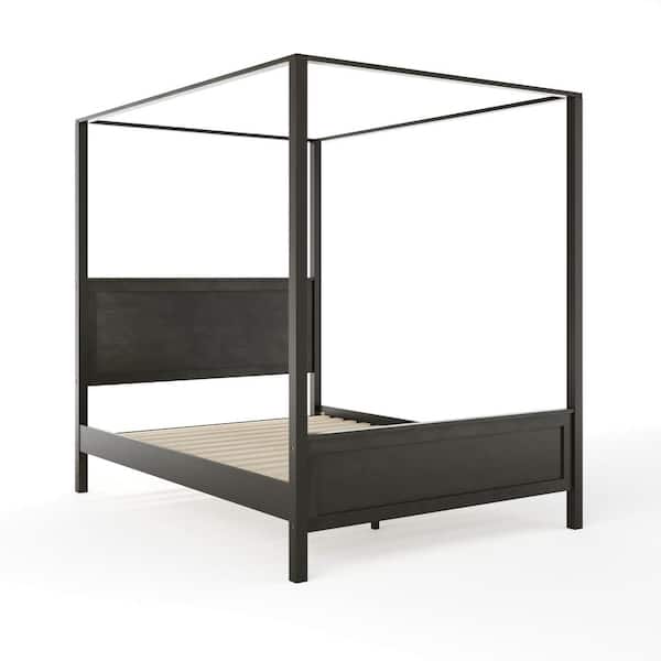 Dark Gray Wood Frame Queen Canopy Bed