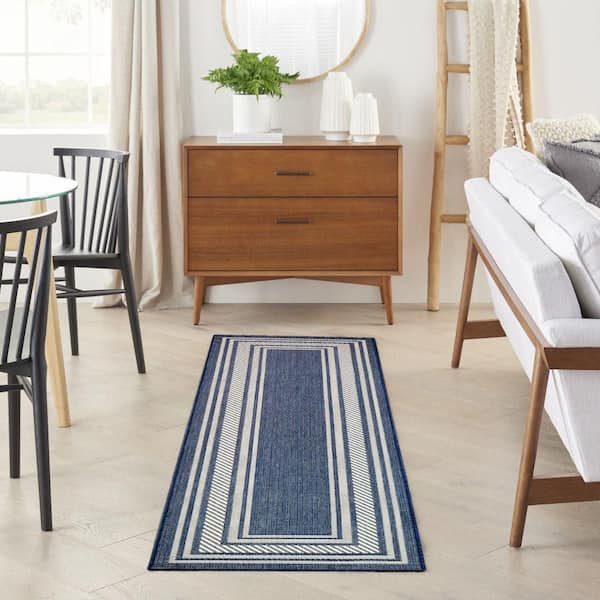 Horizon Navy 2 ft. x 8 ft. Indoor/Outdoor Bordered Contemporary Runner Area Rug