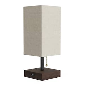 14 in. Dark Brown Modern Rectangle USB LED Table Lamp with Wood Base and Natural Linen Shade