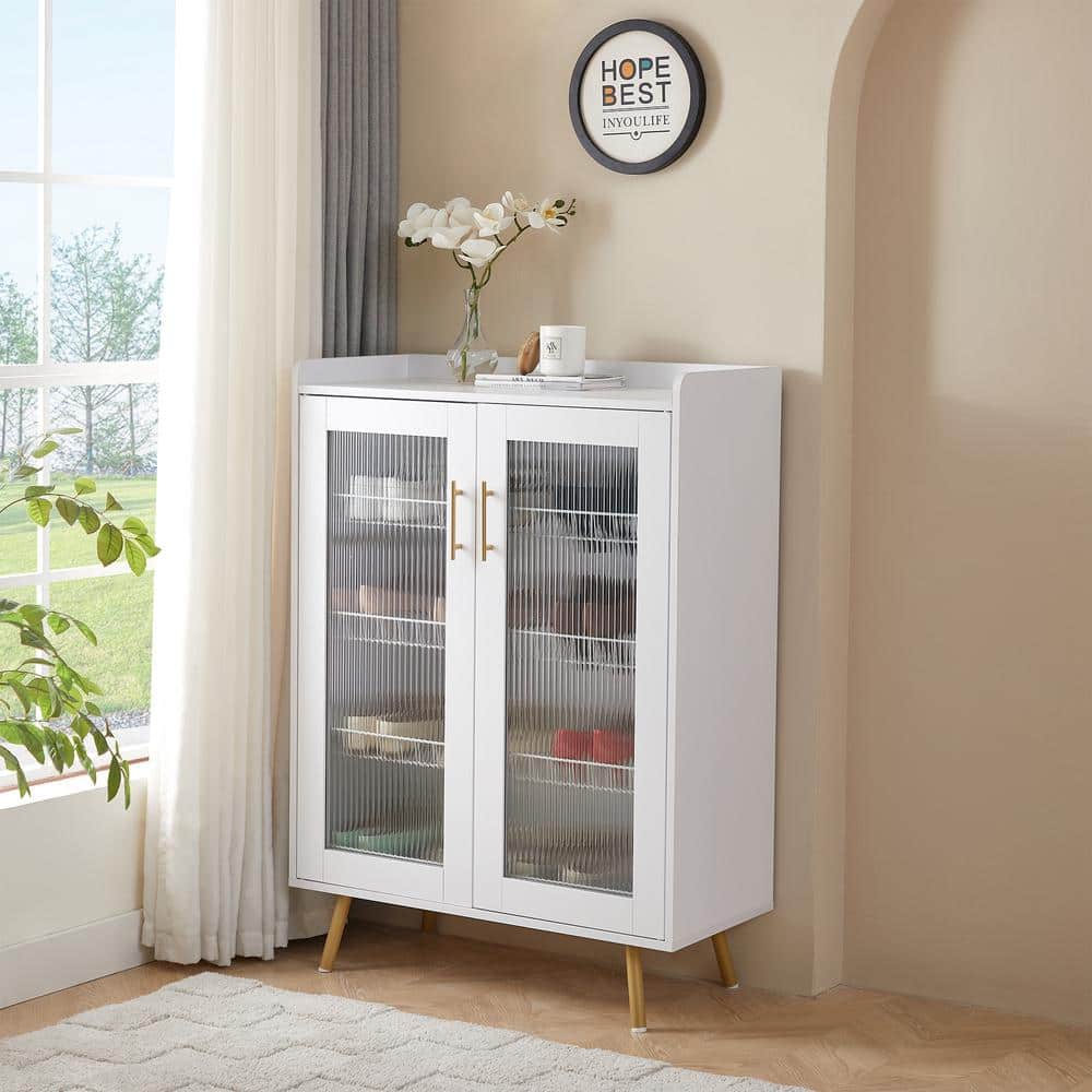 Shoe Storage Cabinet with Glass Doors and 4-Tier Shelves Freestanding White Rack Organizer with Metal Legs